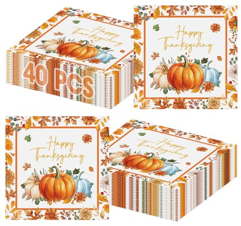 40 Pcs Happy Thanksgiving Napkins - 6.5 Inch Fall Watercolor Paper Napkins, 3-ply Disposable Pumpkin Maple Leaf Cocktail Napkin Tableware Set for Autumn Thanksgiving Party Decorations Supplies Favors