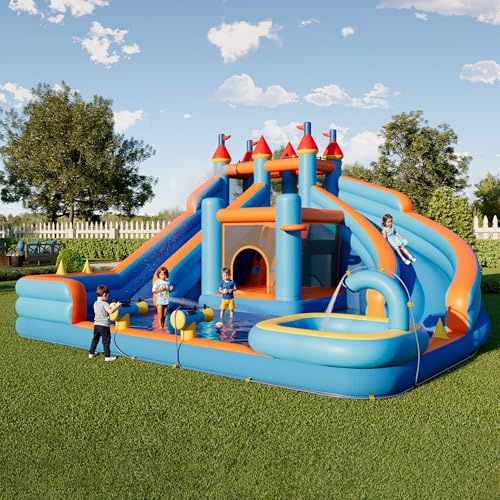 Albott Bounce House, Inflatable Bouncer with 550W Air Blower, Jumping Castle with Slide, Outdoor Indoor Bouncy Castle with Oxford Fabric for Kids 3-12 (179.1×169.3×108.3IN)