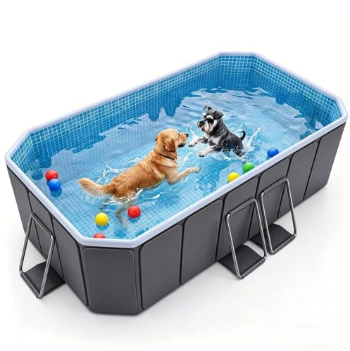 Large Dog Pool for Large Dogs, Outer Size 200 x 135 x 50 cm, Foldable Hard-Sided Paddling Pool with Steel Frame, Non-Inflatable Pet Swimming Pool, Easy Drain, Filter Port, Grey