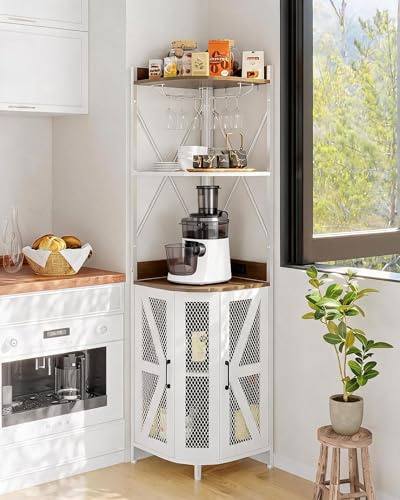 Armoire à Vin d'Angle Avec Prise électrique, Meuble Bar De Style Industriel Avec Bande LED Et Porte-Verres, Buffet En Bois à 4 étagères Pour La Maison Et Les Petits Espaces, Porte En Treillis