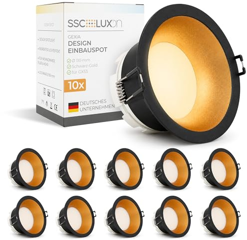 SSC-LUXon GEXIA 10 focos empotrables negro y dorado, diámetro de 110 mm, foco empotrable redondo GX53, sin bombilla, para cocina, pasillo, salón