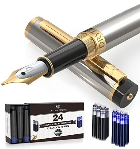 Dryden Designs Fountain Pen Medium Nib | 12 Black and 12 Blue ink cartridges with Ink Refill Converter| Smooth Flow, Consistent writing | Left-and Right-Handed | Metallic Silver