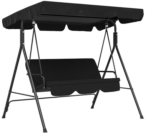 Outsunny 3 Seater Swing Chair with Adjustable Canopy, Garden Swing Seat with Steel Frame, Padded Seat, Black