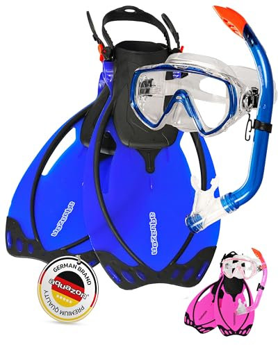 AQUAZON Miami Schnorchelset, Schwimmset, Tauchset, Taucherbrille mit Anti Fog Tempered Glas, Silkon, Semi Dry Schnorchel, verstellbare Flossen für Kinder, Farbe:Dark Blue, Größe:27/31