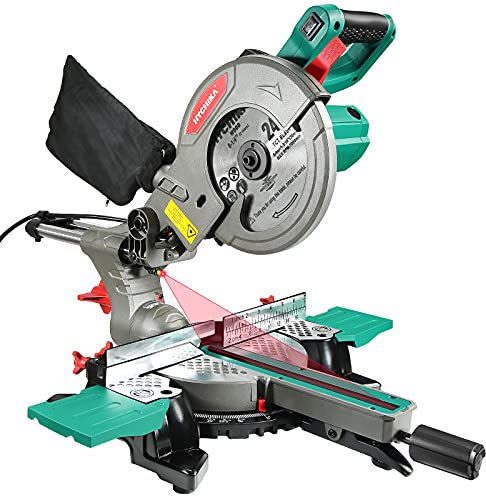 HYCHIKA BETTER TOOLS FOR BETTER LIFE Mitre Saw, 1500W Sliding Compound Mitre Saw, 230mm Slide, 4500RPM with 45° Bevel, with TCT Blade(210mm), Dust Extraction, Max Cutting Depth: 0°: 60mm/45°: 35mm