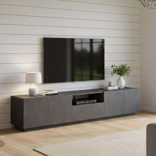 Dmora - Meuble TV Paul, Buffet bas de salon, Base pour meuble TV, 100% Made in Italy, 220x43h46 cm, Ardoise, avec lumière LED