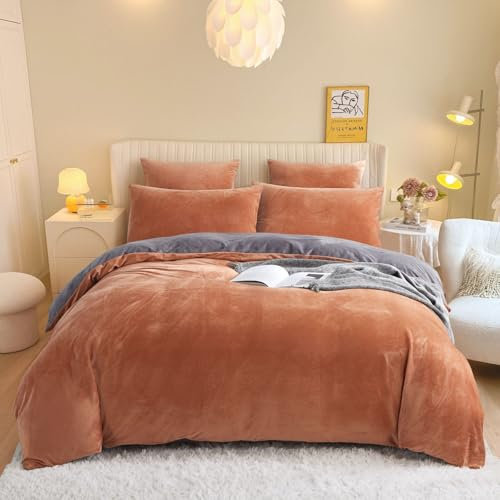 Freyamy Winter Flauschige Flanell Bettwäsche 200x220cm Karamell Grau Plüsch Warme Winterbettwäsche Samt Biber Cashmere Touch Wendebettwäsche Bettbezug und 2 Kissenbezug 80x80cm mit Reißverschluss