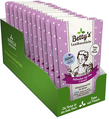 Betty's Kitten Landhausküche Frischebeutel Nassfutter Katze Huhn & Pute, 12 x 100 g, schonend gegart, hohe Bioverfügbarkeit, für alle Katzenrassen geeignet