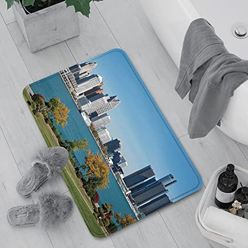 Badematte rutschfest, Badteppich für Badezimmer,Detroit Decor, Industrial City Center Küstenlinie Fluss Landschaftspanorama Sonnentag D,Waschbar Badezimmerteppich für Wohnzimmer Schlafzimmer 60x100 cm