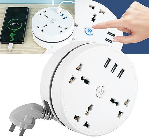 IXYHKB Multi Plug Sockets with USB Ports, Power Strips with 3 Socket and 3 USB-A Port, 10A/2500W Surge Protected Plug Extension Socket with 1.8 Meter Retractable Extension Lead for Travel Home Office