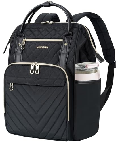 KROSER Laptop-Rucksack Damen 17 Zoll Business Reiserucksack Wasserdicht mit Hartgeschältem Sicherheitsraum Ladeanschluss RFID Tasche für Männer/Frauen, Schwarz Gesteppt