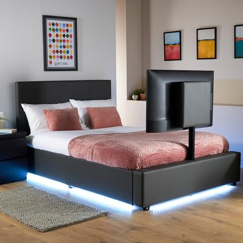 X-Rocker AVA Leather TV Bed with Rotating TV Mount 55, Storage and Cable Management, Ambient Underbed RGB LED Lighting Small Double 4ft Sleeper Bedstead, Upholstered Leather Frame XR LIVING - GREY
