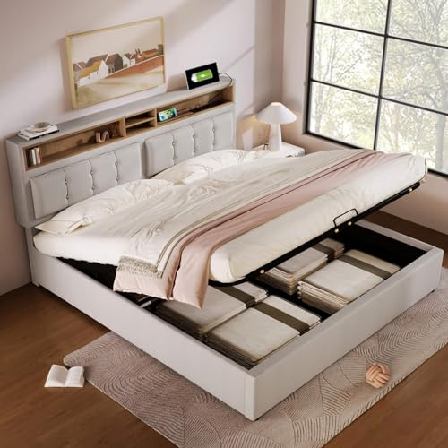KOMHTOM Lit Coffre Lit Double Rembourré avec Tête de Lit de Rangement Cadre de Lit Plateforme avec Sommier à Lattes en Bois(sans Matelas) (Beige Clair, 160x200 CM)