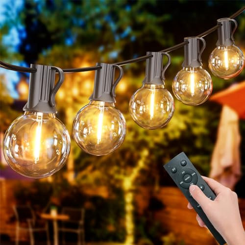 Yuusei String Lights Remote Controlled, 100FT/30M Festoon Lights Outdoor Waterproof IP45, 50+2 Shatterproof G40 Bulbs, 2500K Warm White for Garden, Yard, Wedding, Patio, Terrace, Party
