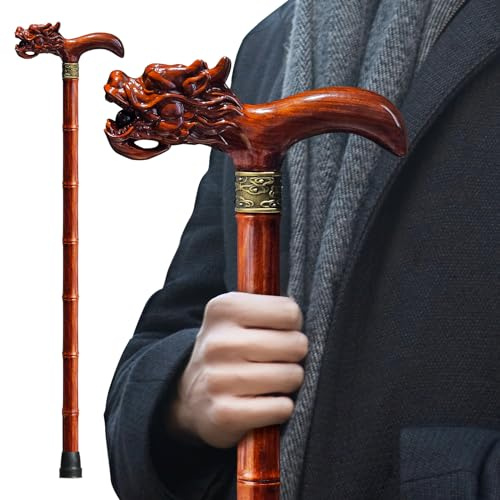 ispuoocti Wooden Cane, Hand carved High-end Walking Cane for Men and Women, Lightweight Design Support Up to 500lbs Dragon Canes for Seniors, Suitable for Discerning Personal and Gift Use (sandalwood)