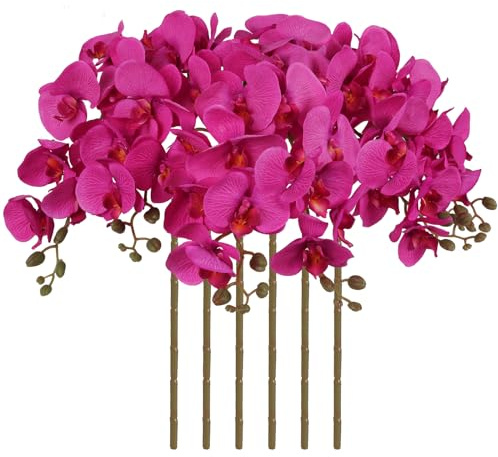 ICBOX 38 Inch 6 PCS Orchids Artificial Flowers Pink Fake Orchids Velvet Silk Orchids Faux Orchid Flowers Long Stem Artificial Flowers for Tall Vase for Home Wedding Decoration(Dark Pink)