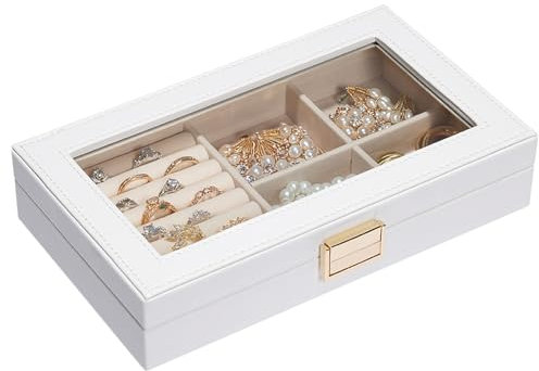 Seelux Jewellery Tray, Stackable Jewellery Box, Drawer Jewellery Organiser with Glass Lid, Removable Dividers for Dressing Table, Gift Idea for Girls and Women (White)