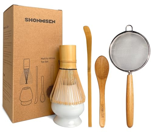 SHONMISEN Bamboo Matcha Whisk Set -Matcha Whisk (Chasen),Whisk Holder(White),Sifter,Tea Scoop and Tea Spoon