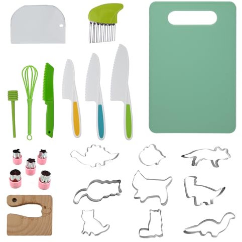 JRJRN 24 Children's Kitchen Knife Set, Plastic Children's Cooking Knives, Cutting Learning Knives, Mini Chef Knife Set for Kids, Kitchen Knife Set with Chopping Board for Vegetables Fruits Cake