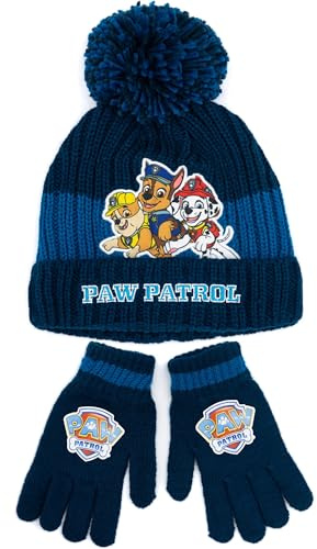 Paw Patrol Boys Beanie & Gloves Set | Kids Chase Rumble & Marshall Graphic Knitted Winter Bundle | One Size Blue Knitted Winter Pom Pom Hat & Gloves | Childrens TV Show Merchandise Apparel Gift