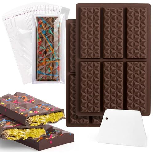 2 PCS Silicone Chocolate Moulds，6 Cells Triangle Diamond Candy Moulds Dubai Chocolate Bar Pistachio Mould,with 100 Bags and Spatulas,for Bakery Party or DIY Gift