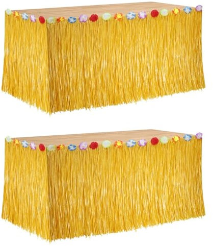 Jupe de table en herbe Luau, Décorations de fête hawaïenne - Jupe de table hawaïenne jaune avec fleurs d'hibiscus pour une fête Luau sur le thème d'Hawaï, 75 x 275 cm (Jaune, Unités, 2)
