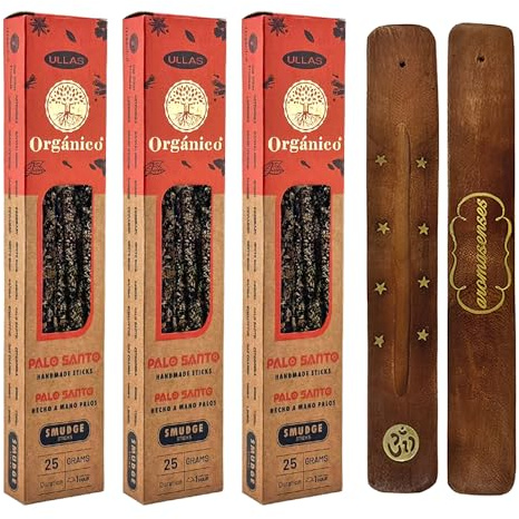 Aroma Senses – förpackning med 3 lådor ekologiska rökelser Ullas Palo Santo + 1 hållare för rökelsestickor aromsenses | 100 % naturligt och ekologiskt rökelse | aromaterapi med naturliga örter