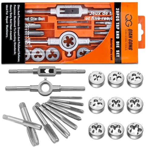 20 Stück Gewindeschneider, Legierter Stahl Gewindeschneidsatz M3-M12 Gewindebohrer Set Tap and Die Set mit Gewindebohrer Zubehör zum Schneiden von Außen und Innengewinden
