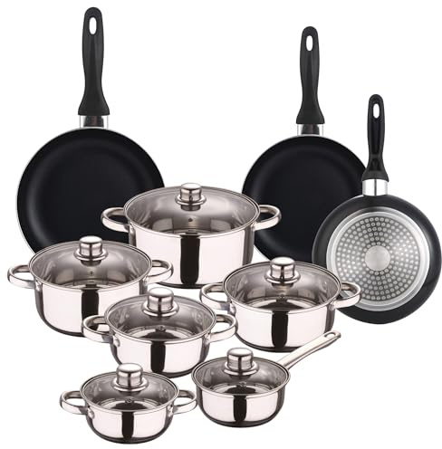 Zen Cook Set de Batería de cocina de 12pc en acero inoxidable + 3 Sartenes Ø16Ø20Ø24cm Negro en aluminio prensado