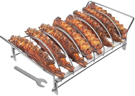 Knowlife Rib Rack, Six Slots BBQ Rib Rack, Foldable Rustproof Food Grade Smoker Accessory Holder for Cooking Roasting Drumstick Beef Wing Pork Barbecue