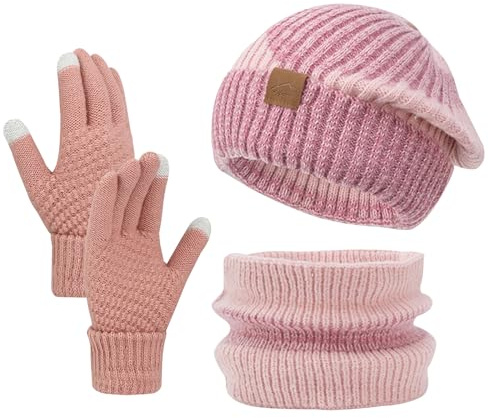 BSITSSS Conjunto Bufanda y Gorro y Guantes Mujer Rosa, Set de Bufanda Gorro Guantes Manténgase Abrigado, Gorro Invierno + Bufanda Tubular + Guantes de Pantalla Táctil para Ciclismo Caza Escalada