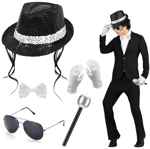 Accessoires de Costume MJ pour Adultes, avec Jazz Chapeau Paillette Faux Microphone Lunette de Soleil Gants Noeud Papillon Paillette, déguisement King of Pop pour fête à thème des années 80, carnaval
