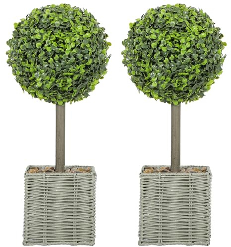 HOMCOM - Lote de 2 Plantas Artificiales Decorativas, Bolas de boj Artificiales de 50 cm con Maceta de plástico Trenzado y guijarros, Plantas Falsas para decoración del hogar u Oficina, Color Verde