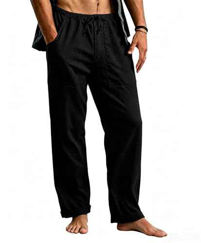 Cegerne Pantalones de Lino Hombre Largos Ligeros, Pantalón de Verano Casual con Cintura Elástica y Cordón, para Playa Vacaciones Medieval Vintage y Uso Diario, Negro, XL