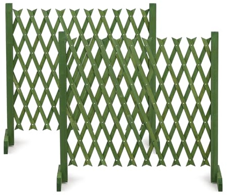 VINGLI 2 Packs Expandable Garden Fence, 27.55in Freestanding Lattice Fence, Solid Wood Retractable Trellis, Instant Wooden Divider, Extenable Pet Gate for Home Patio Yard Garden (Olive Green)