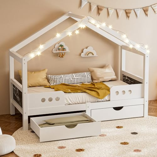 Calivra Kinderbett mit Dach 90x200 cm Weiß - Hausbett mit 2 großen Schubladen, Tafel am Kopfteil, stabiles Holz+MDF Gestell, Belastbar bis 120 kg, Ohne Matratze