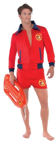 Smiffys Baywatch Lifeguard Costume in Red for Adults, Includes Top and Shorts with Iconic Baywatch Badge, Officially Licensed, Ideal Groups & Couples Costume, & Beach Themed Parties