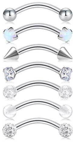 Briana Williams 7pcs Curved Barbell Nose Lip Eyebrow Tragus Bars Stainless Steel 16G 8mm Bars Piercing Jewellery