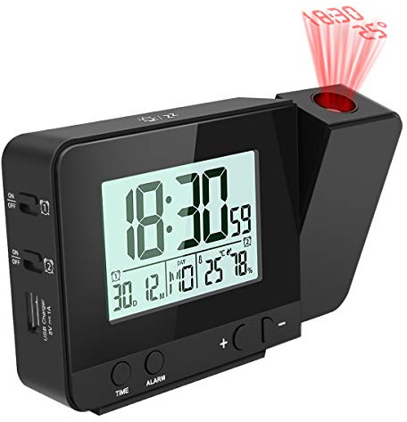 E-More Orologio da proiettore a LED con retroilluminazione a batteria Rotate Alarm Clock per Home Bedroom, Dual Allarme Funzione Snooze12/24h Temperatura Igrometro Porta USB