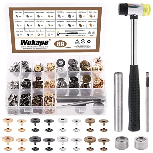 Wokape Lot de 70 boutons magnétiques à coudre (assortiment de 67 pièces) – 4 couleurs 14 mm et 18 mm ronds solides avec outil magnétique et marteau