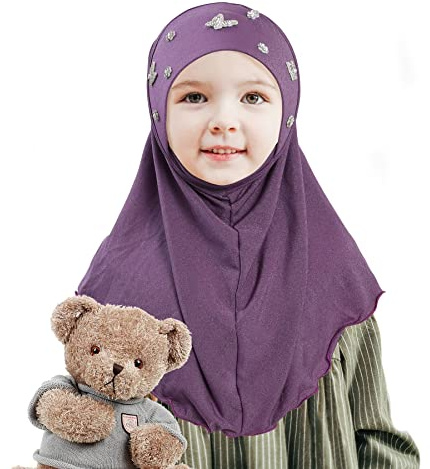 Lenmipot Little Girls Hijab Islamic Kids Hijab Headscarf Handmade Butterfly Rhinestone Muslim Hijab Cap for Girl (2-5year), Bfl- Purple, One Size