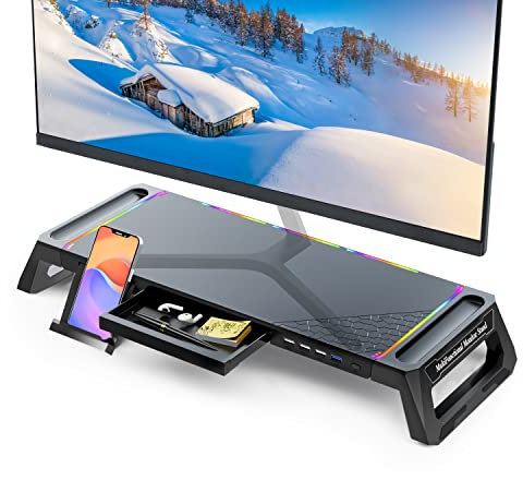 MOOJAY Supporto per Monitor da Scrivania con Luci da Gioco RGB e Hub USB 3.0 e 2.0, Supporto per Schermo Pieghevole con Cassetto Portaoggetti e Portapenne, Rialzo per Monitor per PC/Laptop/iMac-Nero
