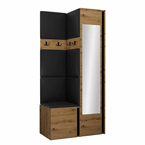Mirjan24 Monati XXV - Ensemble vestiaire avec miroir, armoire à chaussures, 2 planches à vêtements, panneau rembourré/panneau mural, 4 crochets doubles - Porte-manteau de couloir (chêne artisan/noir,