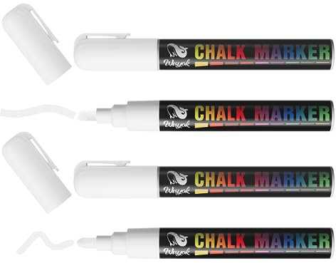 WISYOK 4pcs Feutres Pour Tableau Blanc, Marqueur Essuyable à Sec et Humide, Stylos à Craie Pour Verre, Marquer Pour Vitres, Marqueur Craie Double Pointe 6mm - Blanc - 4 Stylo