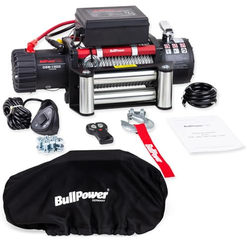 Bullpower Elektrische Seilwinde Offroad 4x4 Motorwinde Seilzug 12V 13000lbs - 5900kg OSW-13022 Mattes Design, integrierter Motorkühlung und verstärktem Rahmen + Schutzhülle