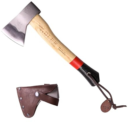 Adler Scout Hatchet – German Forged Camping Axe with Leather Sheath, Compact Bushcraft & Hiking Hatchet, 3/4 lb. C60 Carbon Steel Head, Lightweight Kindling Axe, 12 Ash Wood Handle (A1)