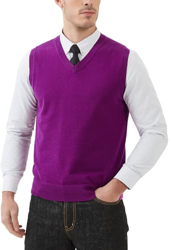 Kallspin Men’s Pure Cotton Sweater Vest V Neck Sleeveless Jumper Smart Casual Knitwear Pullover(Purple, L)