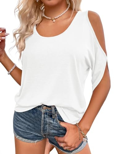Fisoew - T-shirt med rund hals, axellös t-shirt för dam, kortärmad sommartröja, ledig t-shirt, Vit, XXL