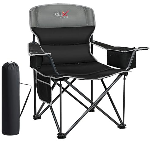 RELAX FIELD Campingstuhl Faltbar 200KG mit Getränkehalter und Kühltasche, Klappstuhl Camping, Anglerstuhl Klappbar mit Hohe Rückenlehne, Schwarz