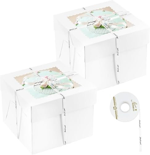 2 scatole di cartone per torte alte 30 x 30 x 20 cm, colore bianco con simpatici adesivi e nastro, scatola per torte quadrata, robusta scatola di cartone per il trasporto e la protezione di torte e